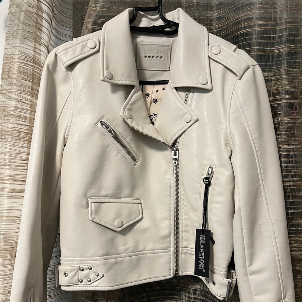 New Blank NYC Moto Leather Jacket White Cream Small,